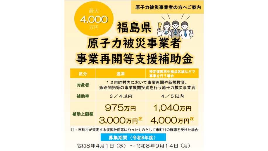 （令和8年度）福島県 原子力被災事業者 事業再開等支援補助金第15次公募のチラシ画像