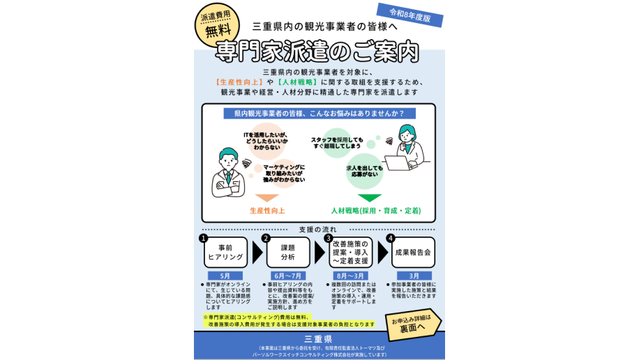 令和8年度観光産業の生産性向上・人材確保に係る専門家派遣事業の事業者募集開始のチラシ画像