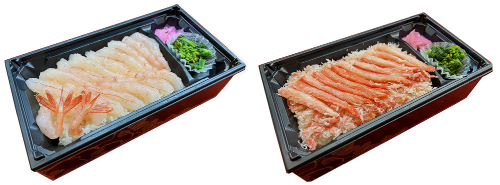 富来ストアが提供した甘えび寿司(左)とズワイガニ寿司の弁当