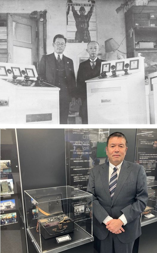 上の写真は伊藤賢治氏（右）が製造した日本初の医療用大型超短波治療機器。下の写真は家庭用小型超短波治療器