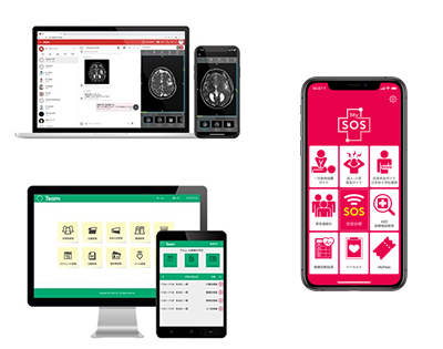 医療関係者間コミュニケーションアプリ「Join」（左上）、地域包括ケア推進ソリューション「Team」（左下）、救命・健康サポートアプリ「MySOS」（右）