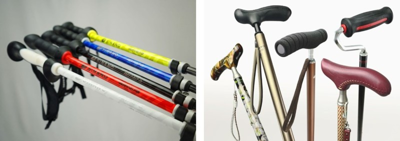 今も国内シェア1位を誇るスキーポール（左）とシナノの主力商品となっている杖
